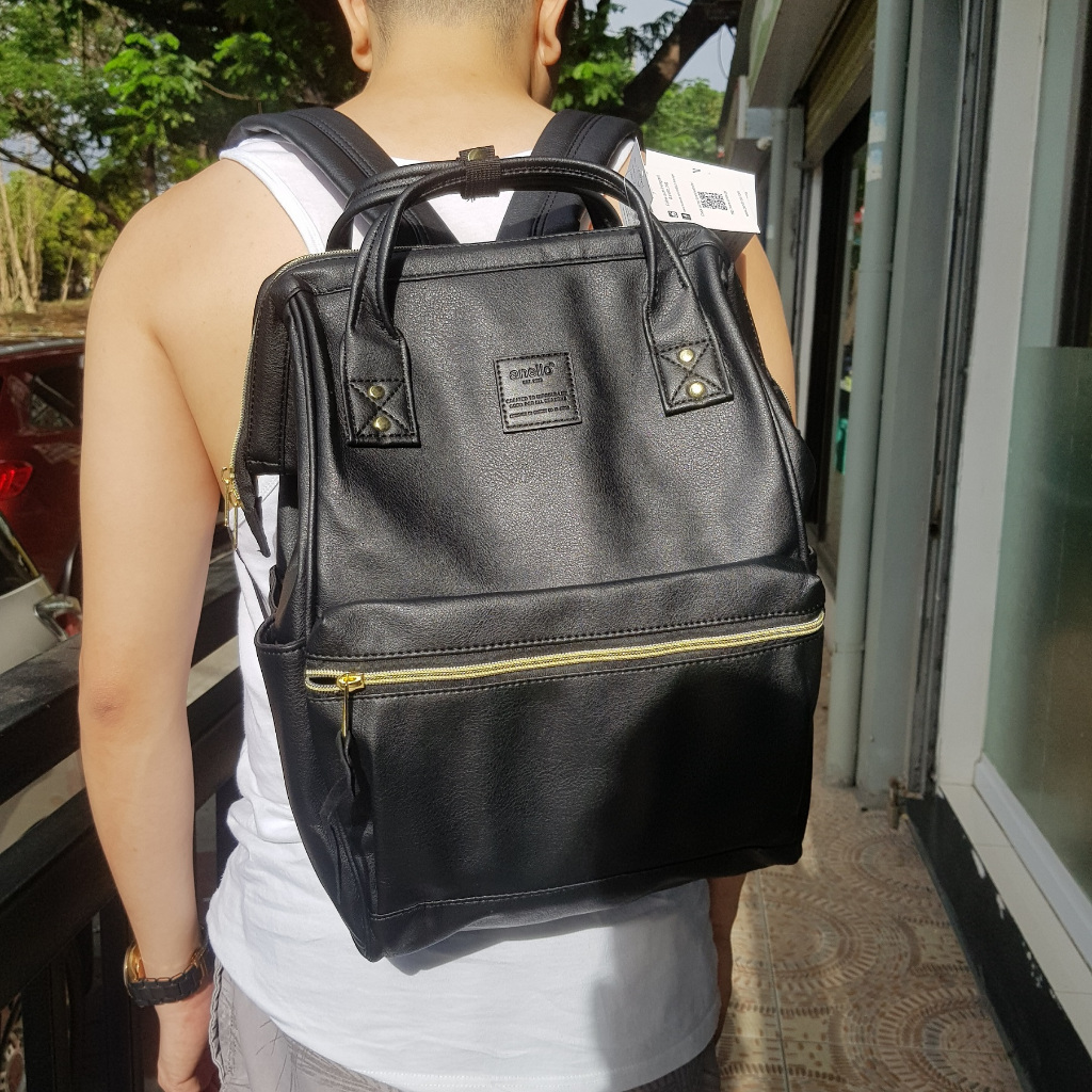 J2FS Anello Japan Made PU Faux Leather Hinged Clasp Unisex Backpack Rucksack Black Plain