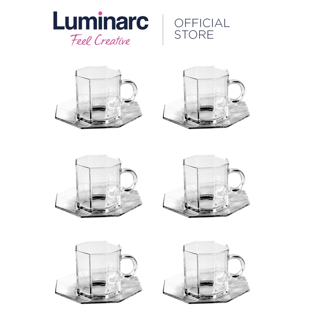 Luminarc Octime Glass Cup and Saucer 22cl Set 6 pairs Coffee Tea Set