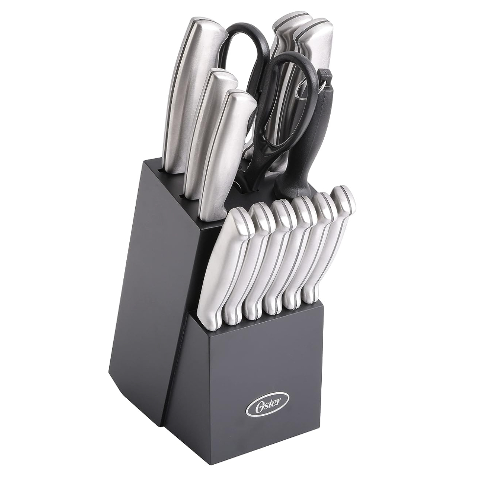 Oster Baldwyn HighCarbon Stainless Steel Cutlery Knife Block Set, 14Piece, Brushed Satin