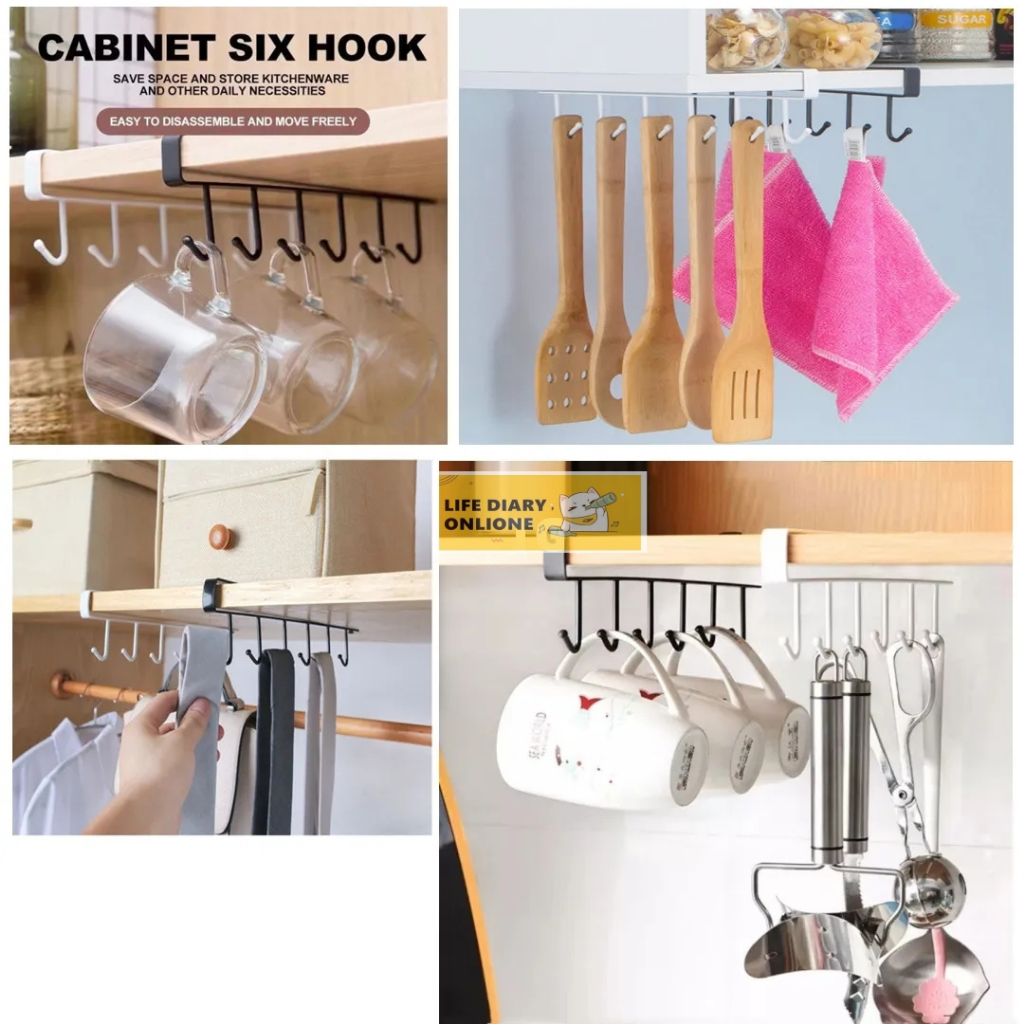 Multifunctional 6 Hooks Cup Holder Hang Kitchen Cabinet Shelf Storage ...