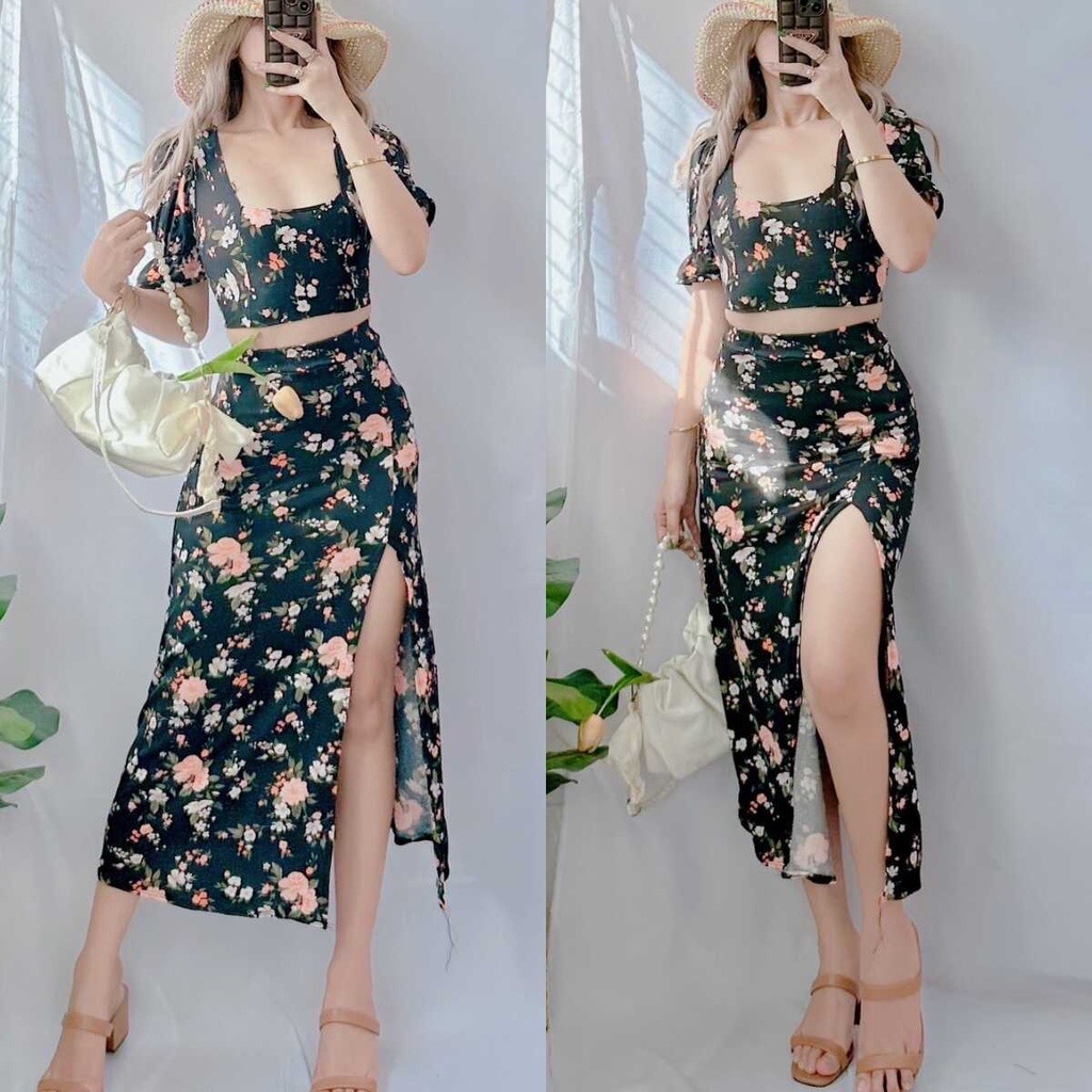 COD summer puff sleeves top & slit skirt dress sexy Ste temo | Shopee ...