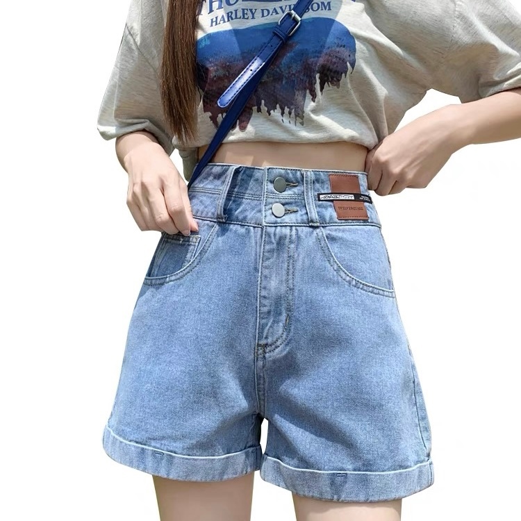 Three-color double-button high-waisted denim shorts, slim and loose ...