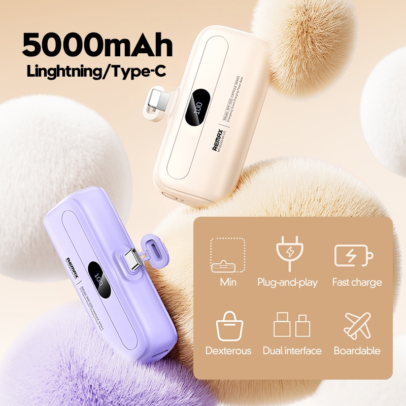 Remax 5000mAh Mini Power Bank Portable Type-C Lightning Built in Cable ...