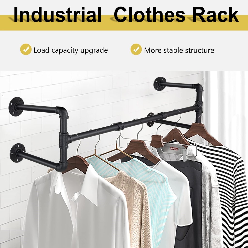 Heavy Duty Metal Clothes Rack Industrial Pipe Garment Rack Wall Mounted ...