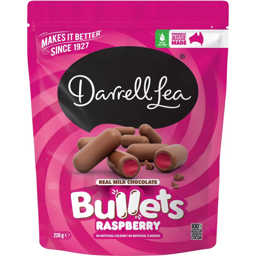 Darrell Lea Milk Chocolate Raspberry Bullets Share Bag 226g (APR 2025 ...