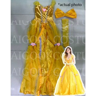 High Quality Disney Belle Princess Dress Adult Yellow Moive Beauty and the  Beast Cosplay Costume For Women