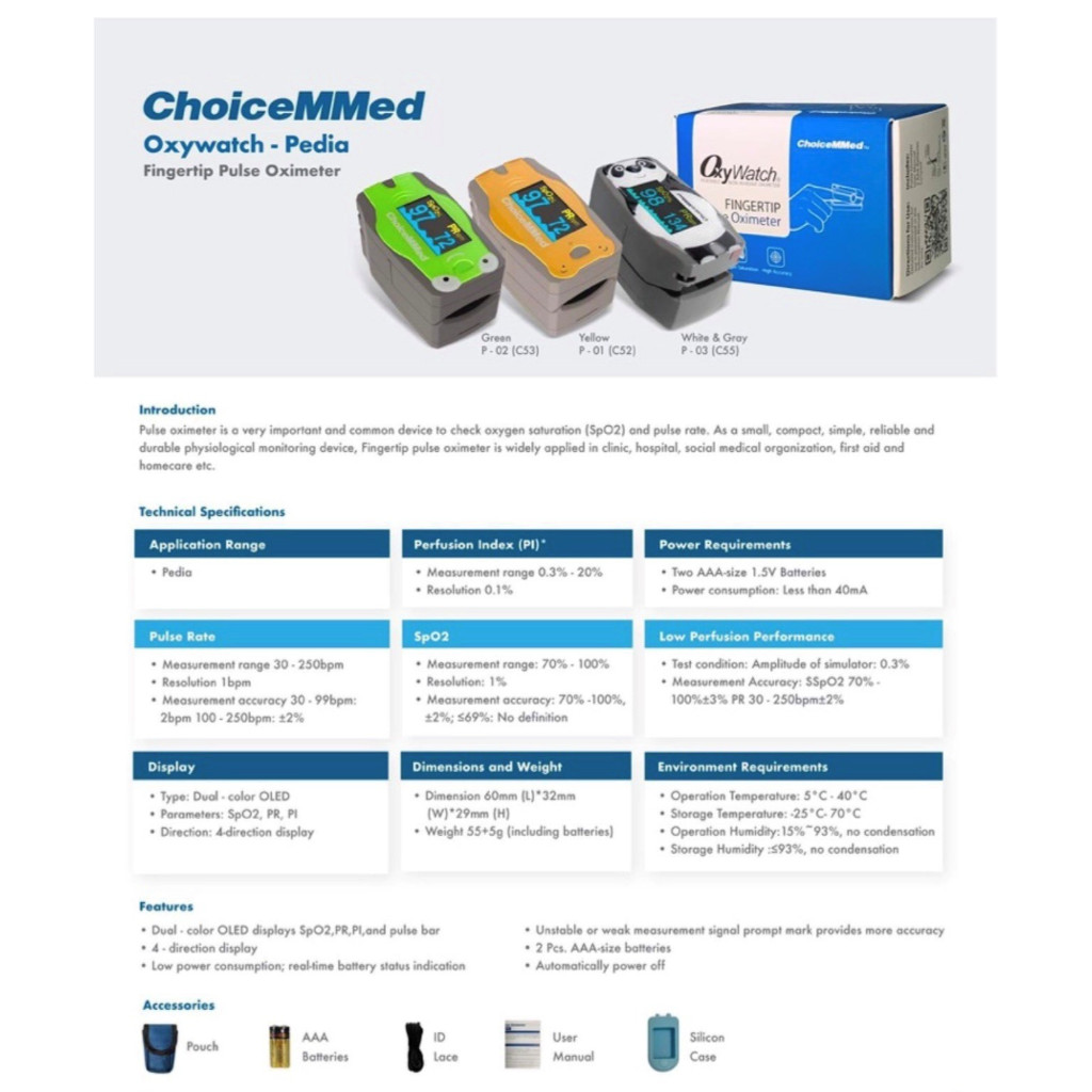 CHOICEMMED PEDIA FINGER PULSE OXIMETER Choicemed with free batteries, silicon case, lanyard