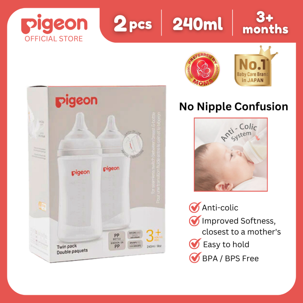 Pigeon Official New and Improved Wideneck PP Feeding Bottle 240ml, medium flow, 2pcs in a box
