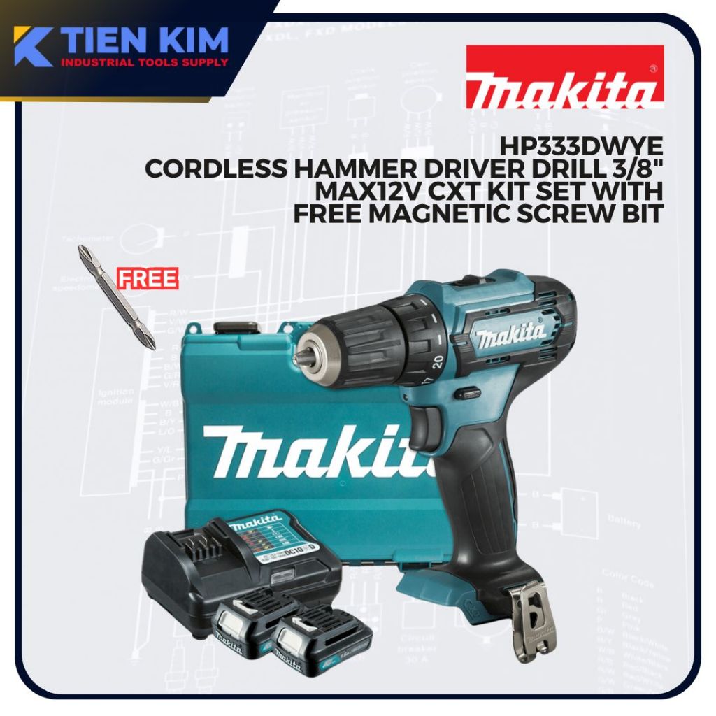 Makita HP333DWYE Cordless Hammer Driver Drill 3 8 Max12V CXT Kit Set with FREE Magnetic Screw Bit