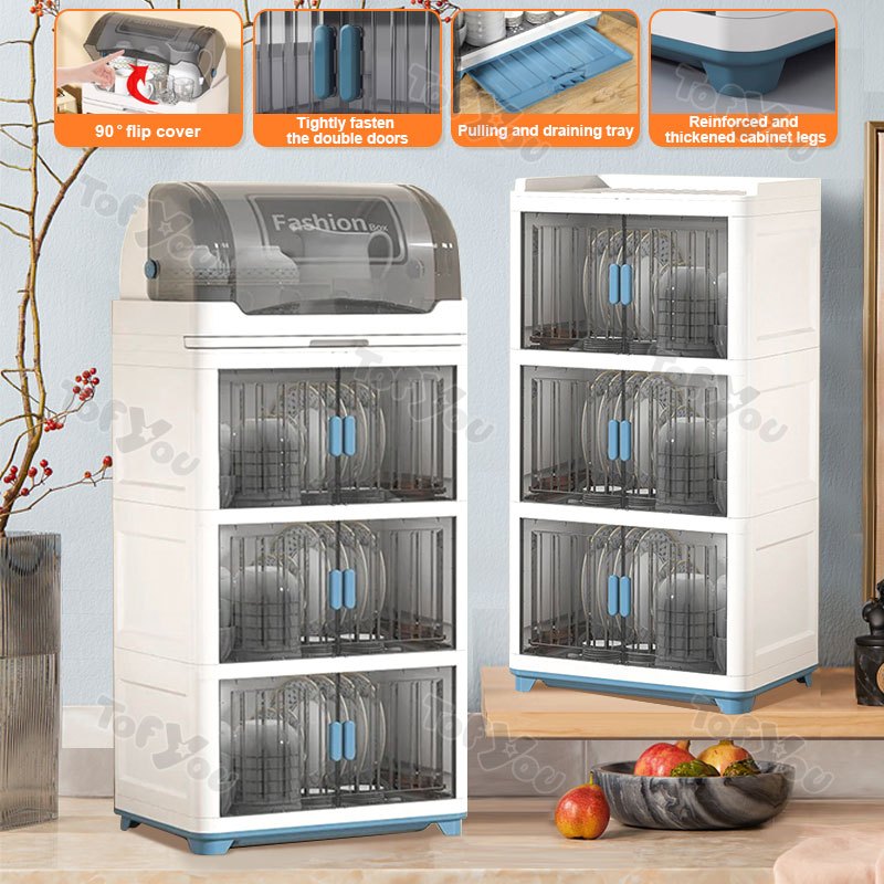 3/4 Layers Dish Drain Organizer Plate With Cover Kitchen Dish Cupboard ...