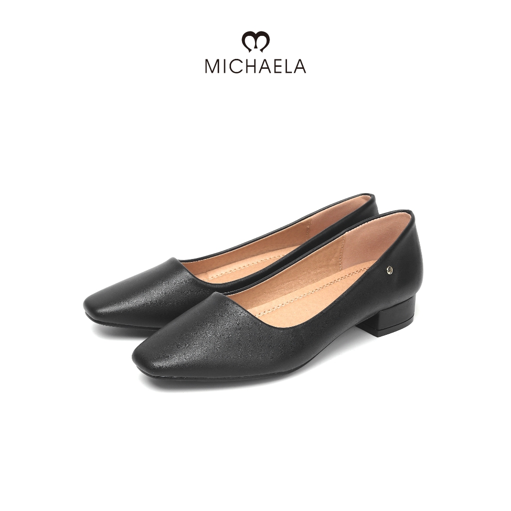 MICHAELA Minimalist Block Heel Pumps 1 inch Square Toe Chic Black Pumps for Work Party MSH67032