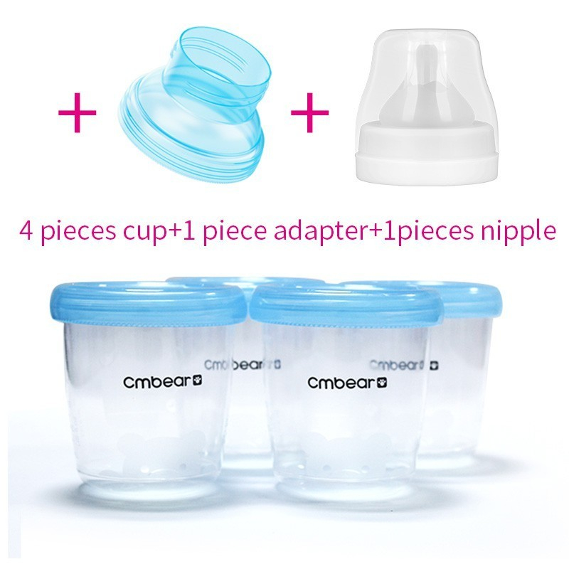 MILK STORAGE CUP 4PCS BREAST Set CONTAINER 180ml WITH LIDS + ADAPTER ...