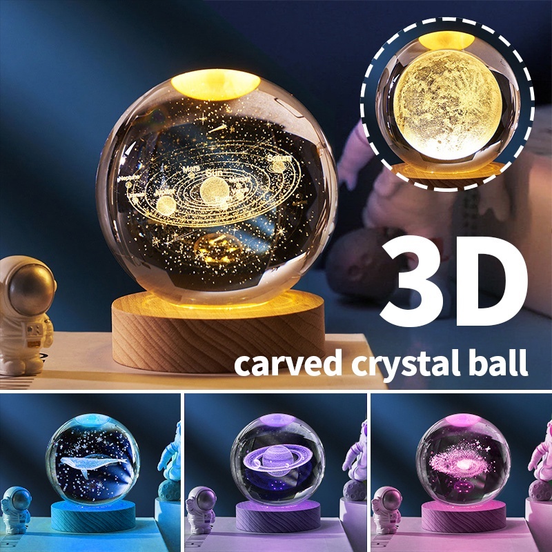 3d Crystal Lamp Ball Night Light Usb Light With Wooden Base Gift Home 