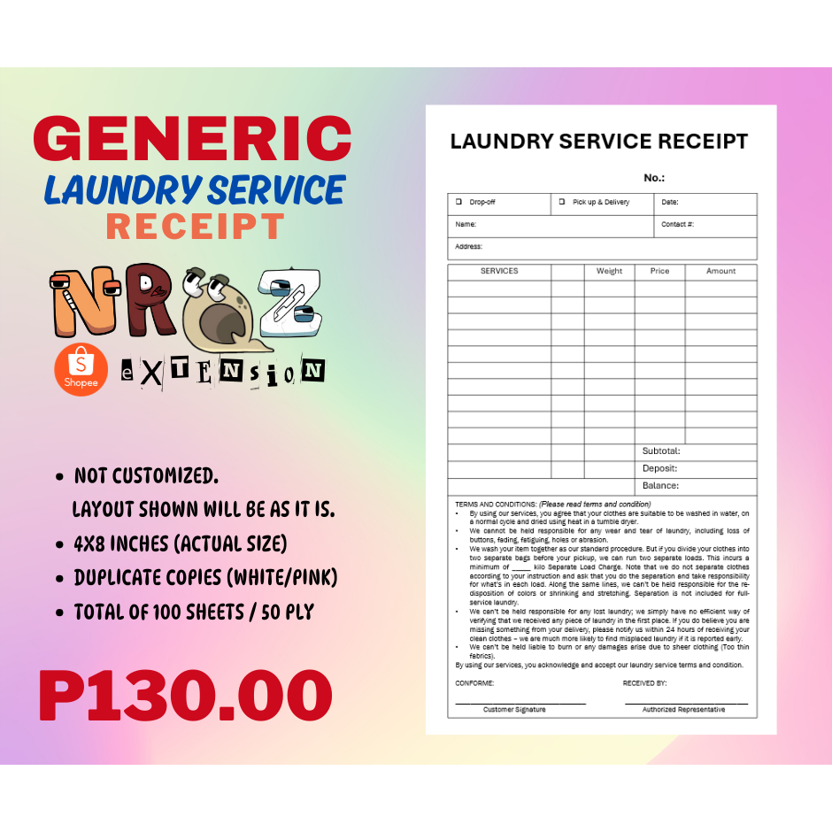 LAUNDRY SERVICE RECEIPT Carbonized -- GENERIC ONLY