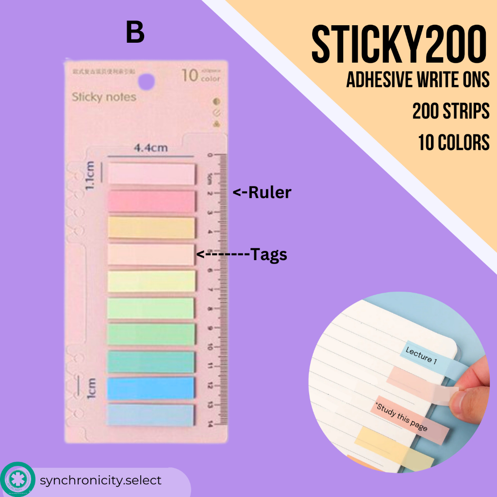 STICKY200 Adhesive Write-Ons - (1 Set = 200 Strips in 10 Colors) with ...