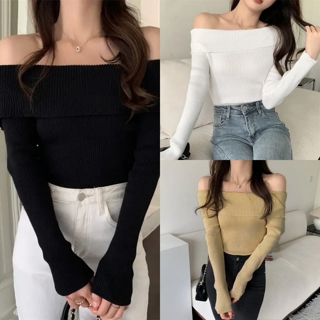 KILY.PH Off Shoulder Longsleeves Korean Knitted Basic Top Semi Croptop ...