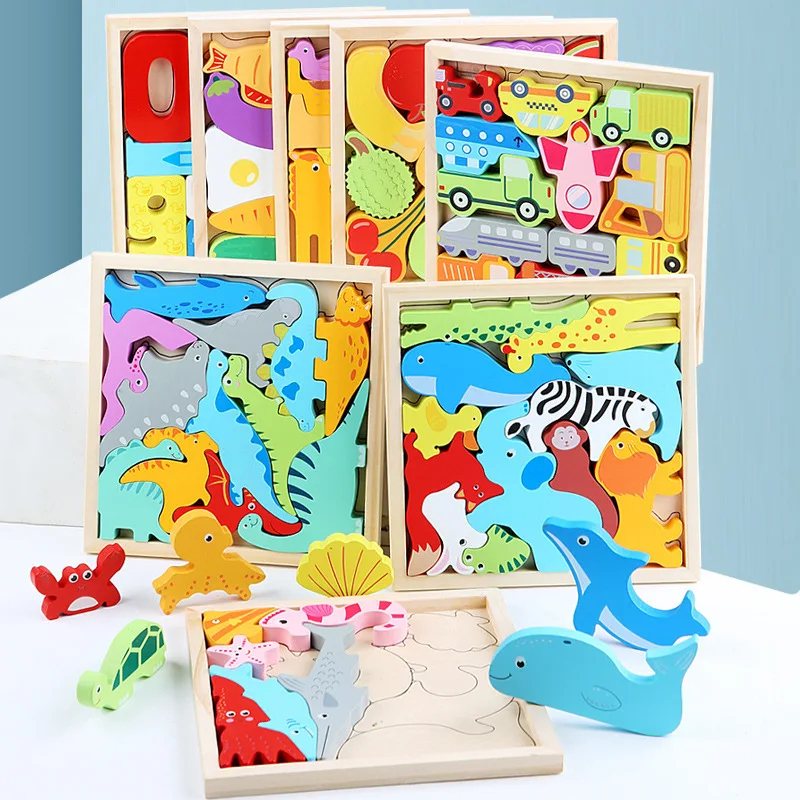 Cartoon Animal 3D Puzzles Learning Montessori Jigsaw Game Kids Wooden ...