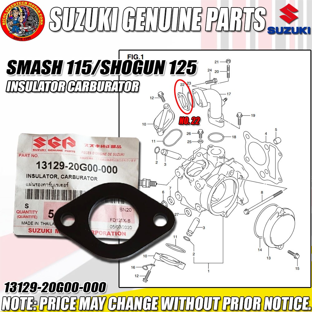 SMASH 115/SHOGUN 125 INSULATOR CARBURATOR (SGP) (GENUINE: 13129-20G00 ...