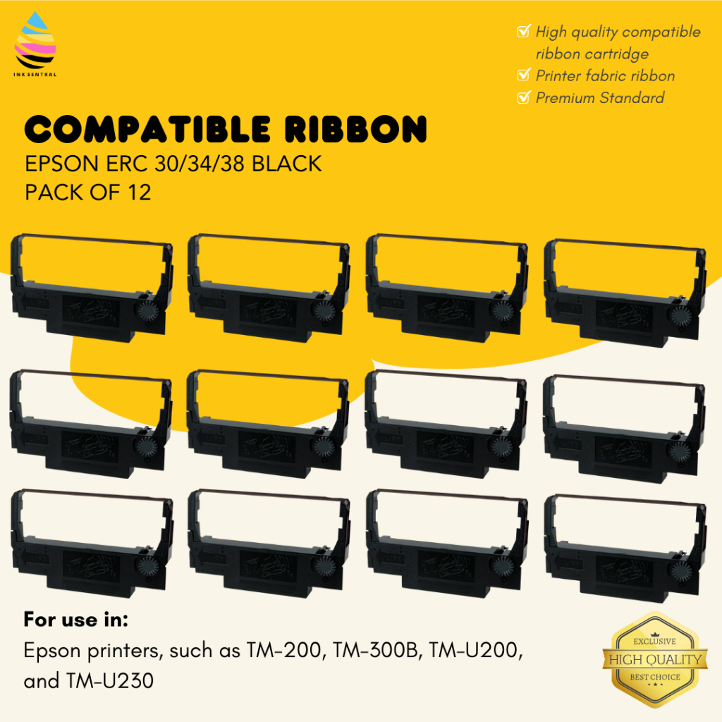 INKSENTRAL Pack of 12 Epson Compatible ERC 38 Ribbon ERC 30/34/38 Black ...