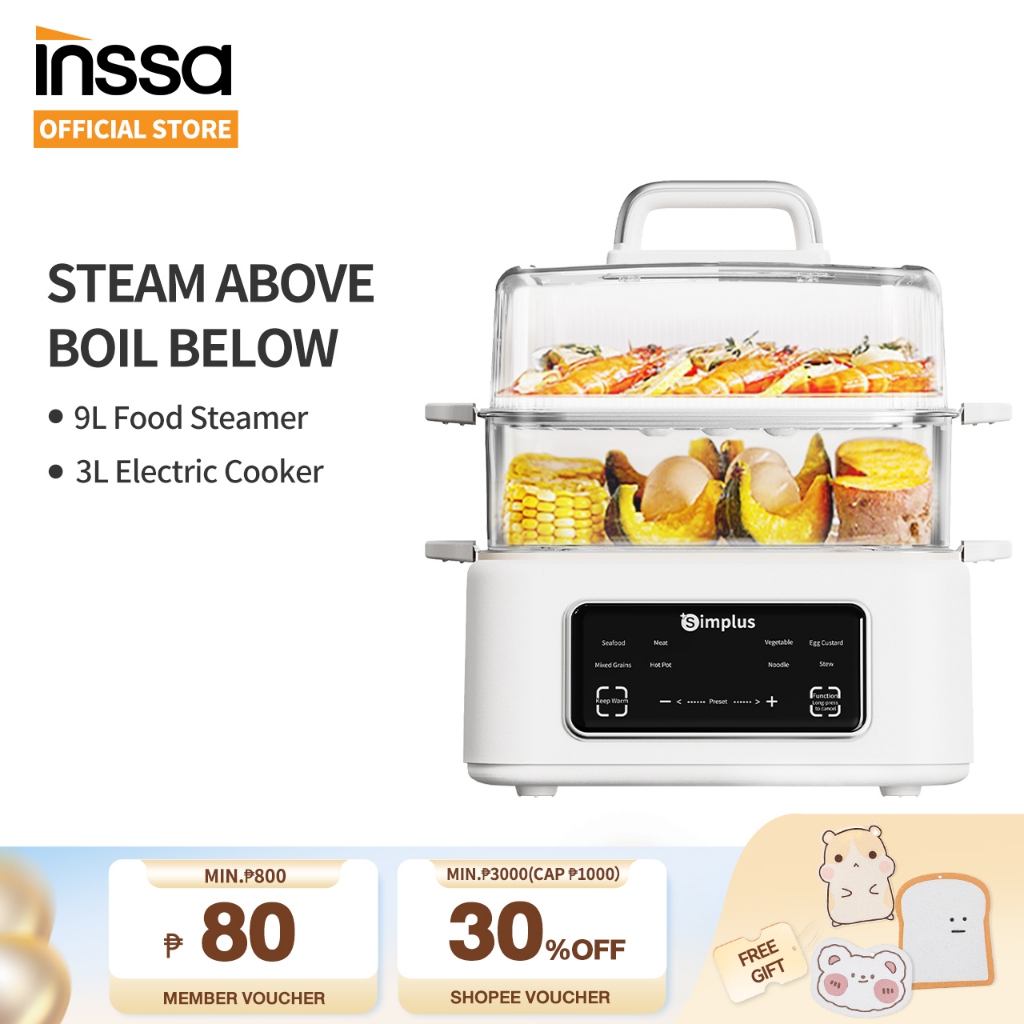 INSSA x Simplus Electric Food Steamer Multi Cooker Siomai Smart Timer Egg Boiler 12L Large