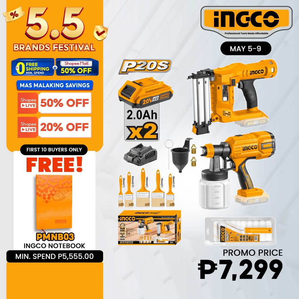 Ingco 20v Li-Ion Cordless Spray Gun P20s CSGLI2001 Combo & Brad Nailer ...