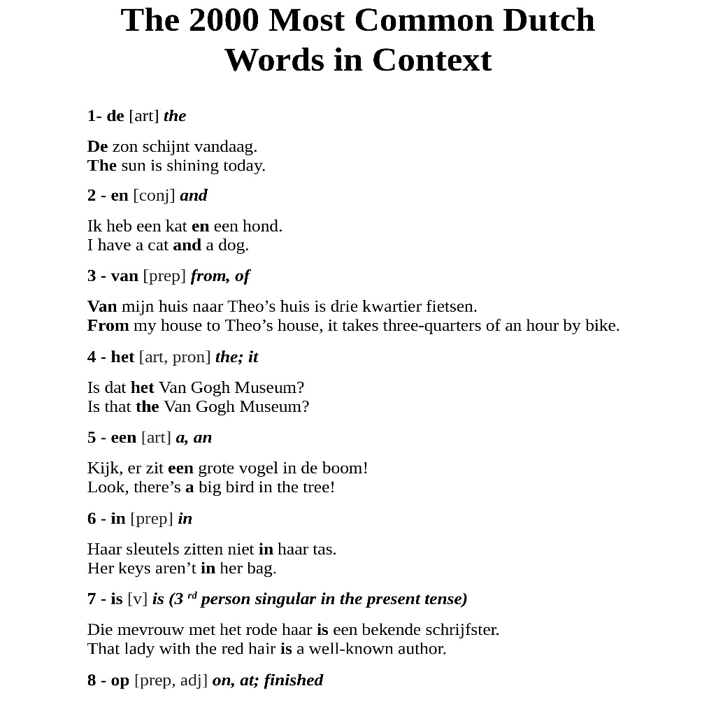 2000 Most Common Dutch Words in Context | 249 Pages | Second Edition ...