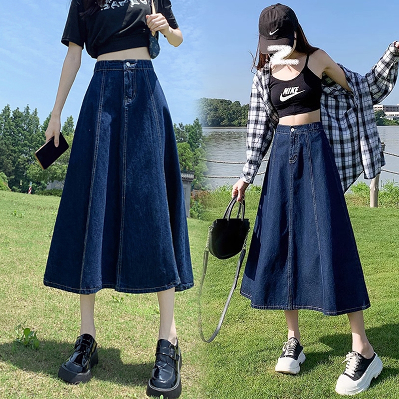 Plus size denim skirt women long fishtail skirt A line korean palda high waist slimming black jeans Shopee Philippines