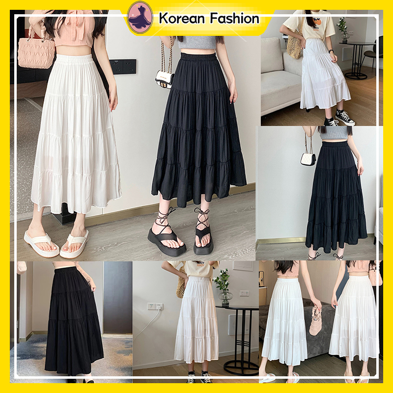 Women Chiffon Skirts Vintage High Waist Elastic Patchwork White Black 
