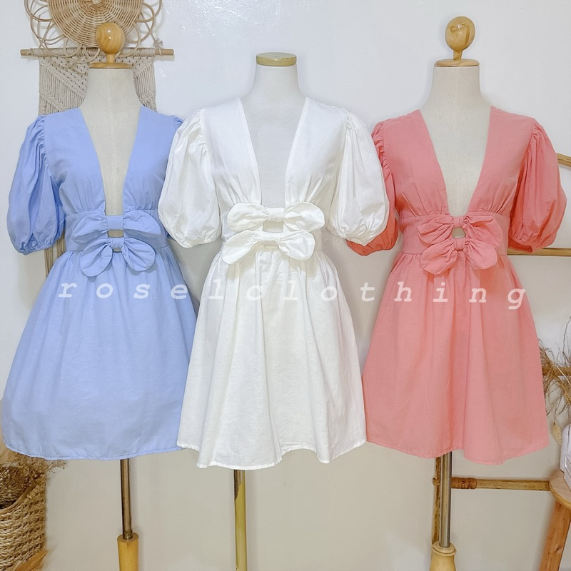 Tallie Ribbon Puff Sleeve Deep V-neck Linen Mini Dress | Shopee Philippines