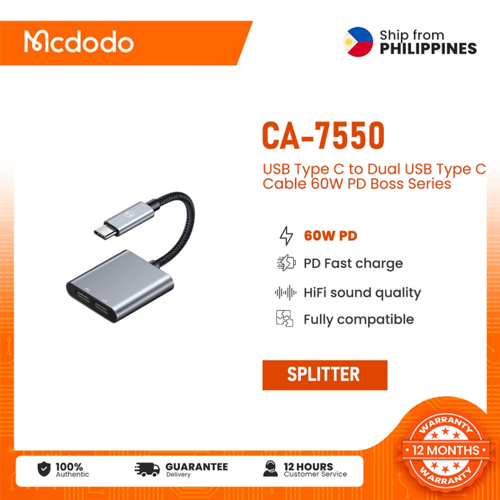 Mcdodo Ca Usb Type C To Dual Usb Type C Cable W Pd Boss Series