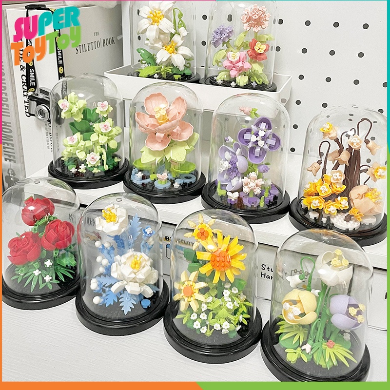 Flowers Set Building Blocks Toys Rose Sunflower with Glass Cover DIY ...
