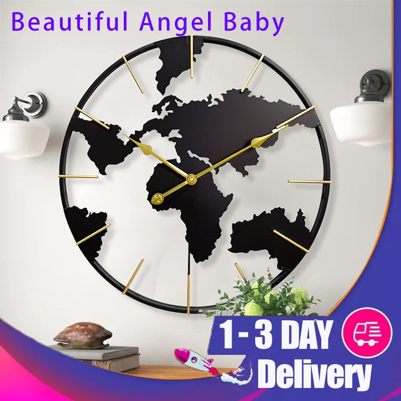 40-50cm Fashion Creative World Map Decorative Clock Iron 3D Map Clock ...