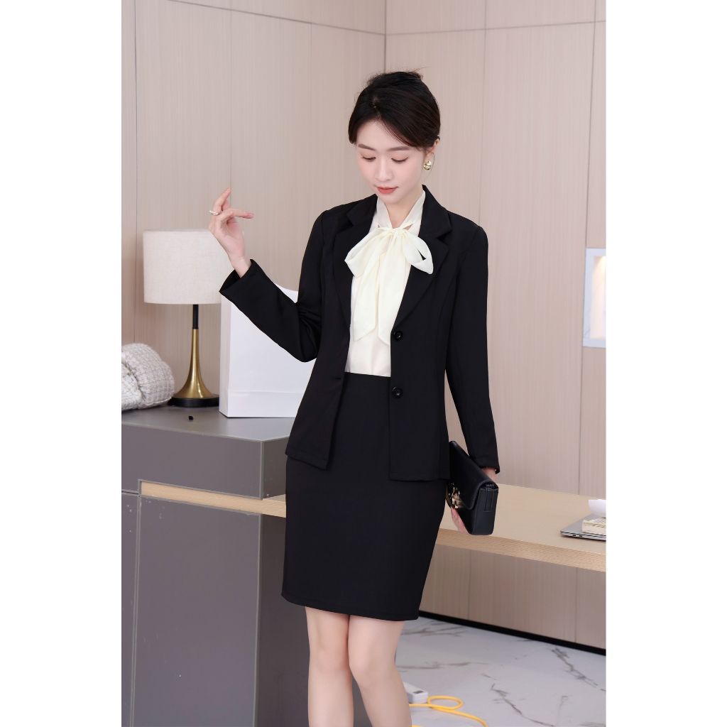 Black Terno Set Long Sleeve Blazer And Mini Skirt With 2Pockets Side For  Women
