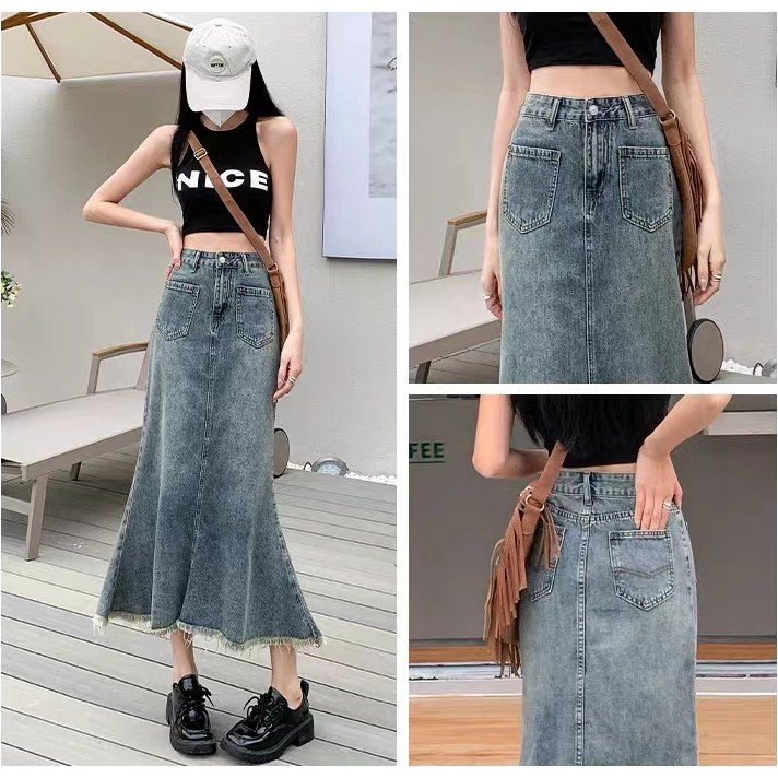 Retro Mermaid Skirt Long Denim Skirt fishtail washed Korean Style High ...