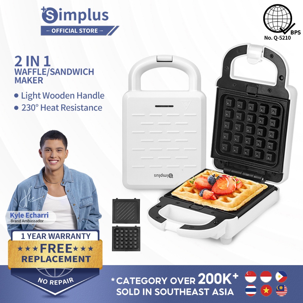 Simplus Waffle Maker Sandwich Maker 2 in 1 Replaceable Plates Breakfast