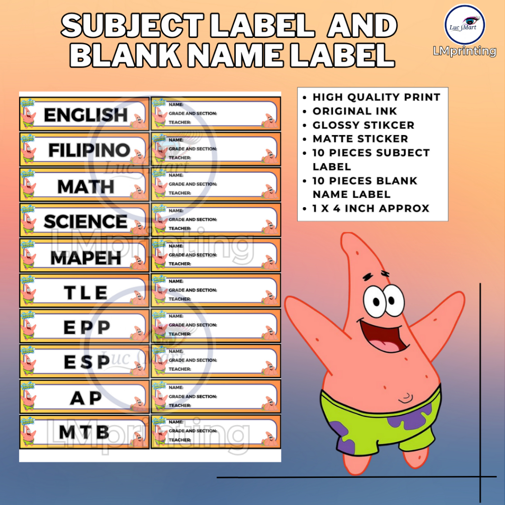 LUCSMART printsNcrafts PATRICK STAR subject and Name Label Set with 10 ...