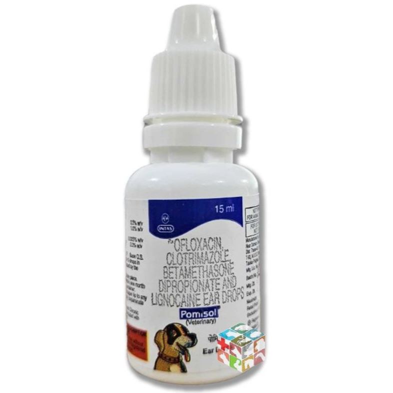 Pomisol Ear Drops 15ml Ofloxacin Clotrimazole Betamethazone Lignocaine for  DOG CAT Liquid Meds Hav