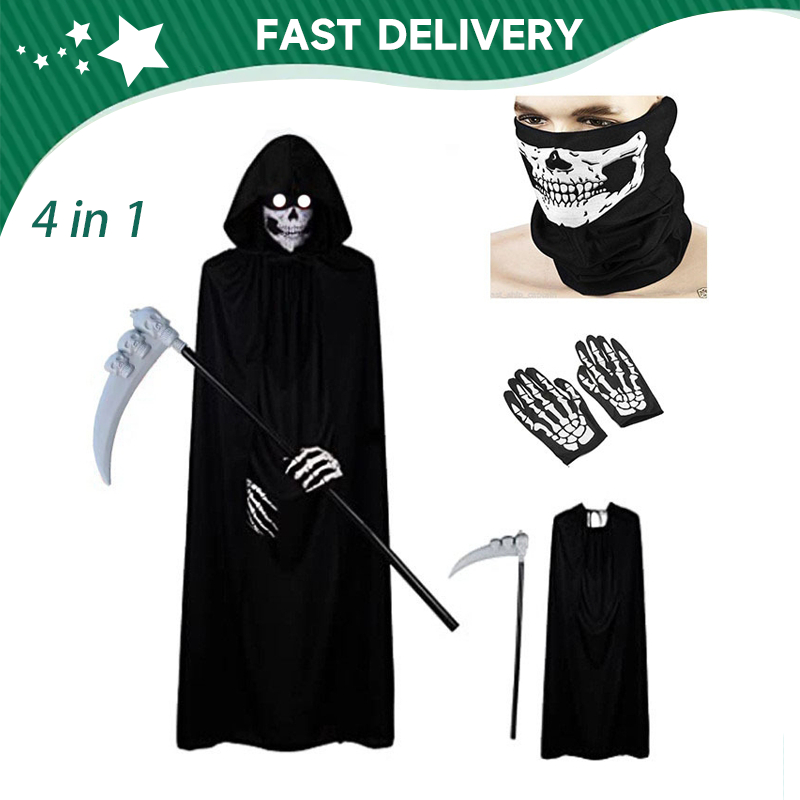Halloween Grim Reaper Costume Hooded Cloak with Skull mask Demon sickle ...