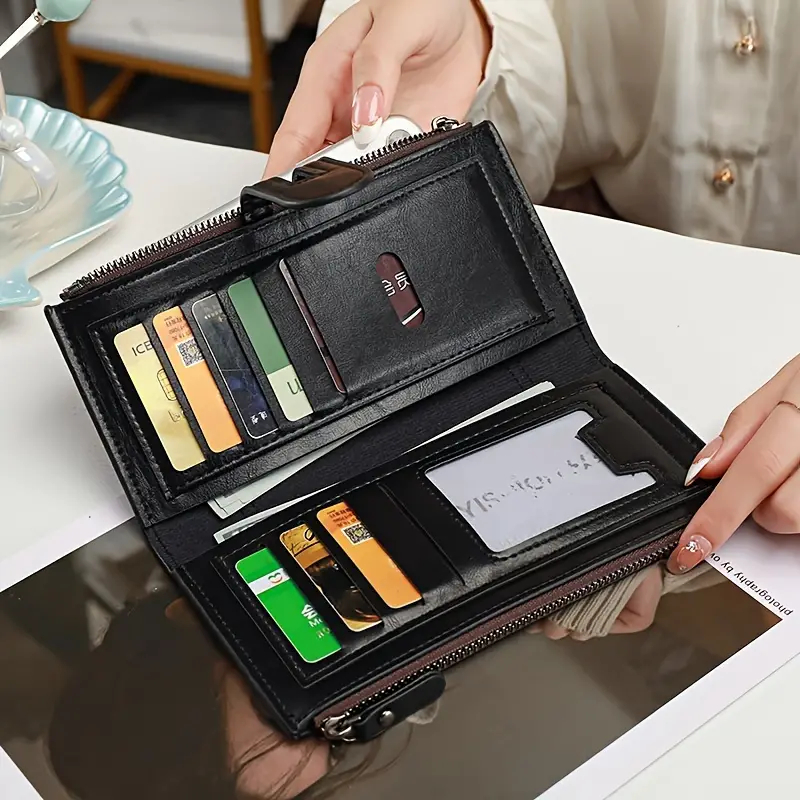 Double Zipper Long Wallet, Foldable PU Leather Coin Purse, Multi Card ...