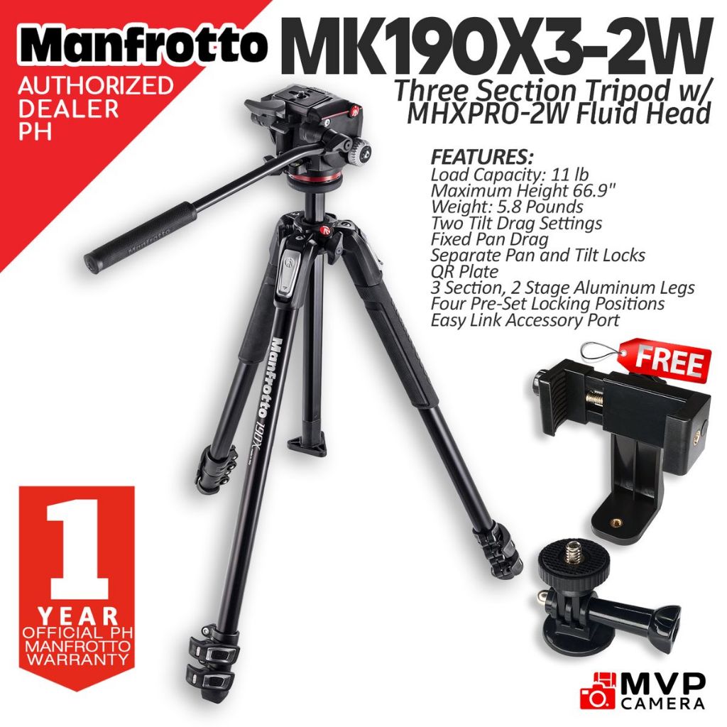 MANFROTTO MK190X3-2W 190X3 Three Section Tripod with MHXPRO-2W