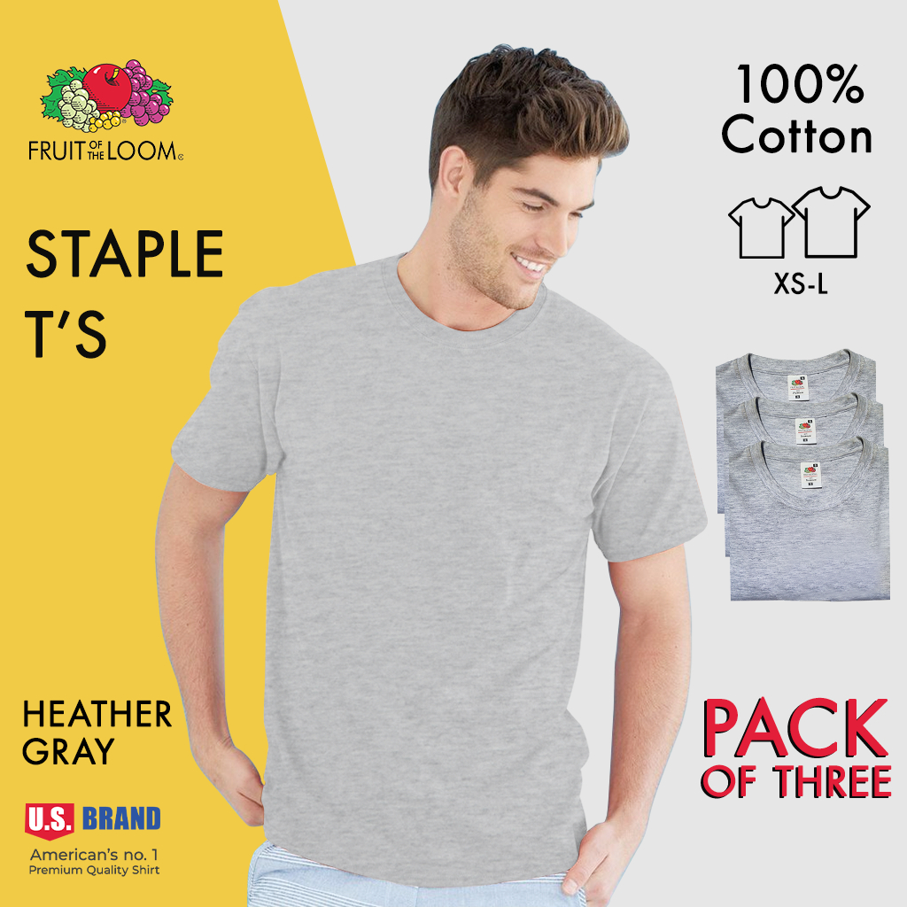 Fruit of the Loom Pack of 3 Classic Round Neck Shirt 100 Cotton Plain Tops for Unisex Heather Grey Shopee Philippines