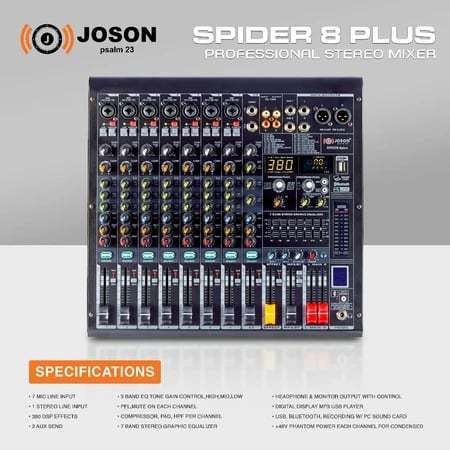 Joson Spider PLUS 8 Channel Professional Audio Mixer with +46V Phantom ...