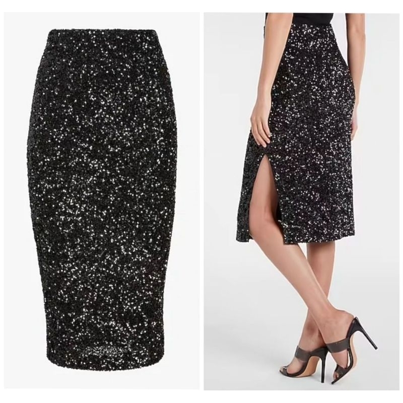 Multi Stripe Sequin Side Slit Midi Pencil Skirt