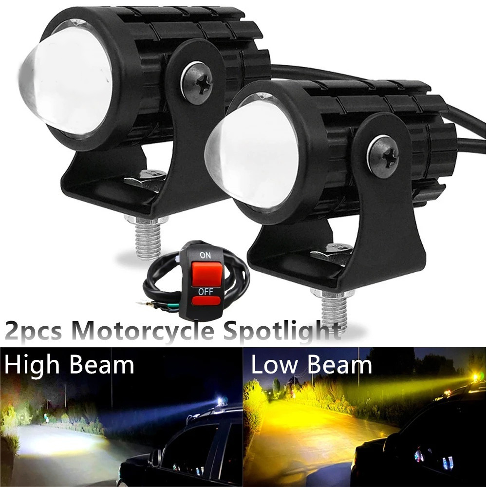 2 PCS Motorcycle Mini Driving Lights High Low Yellow/White LED