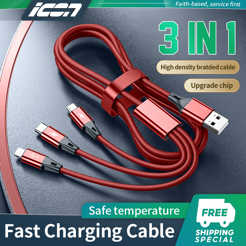 ICON 3 In 1 USB Cable Fast Charging Micro USB Type C Cable Fast Charge ...