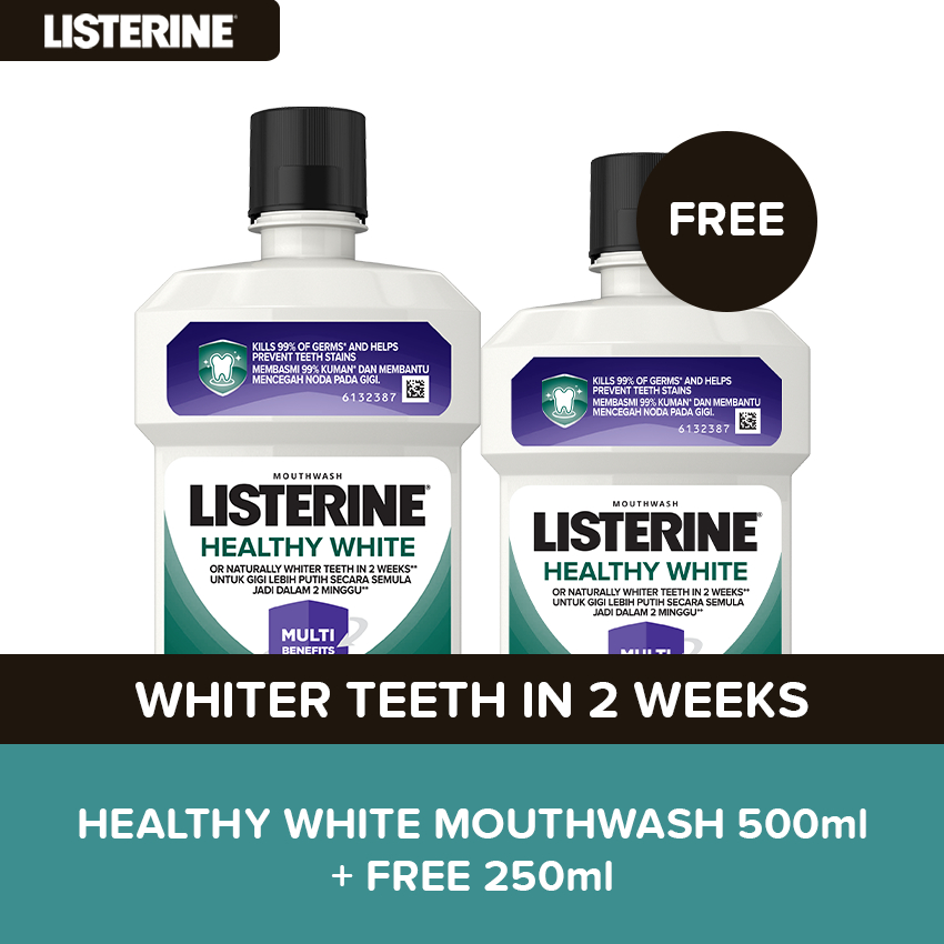 Listerine Healthy White Mouthwash Upsize Bundle 500ml FREE 250ml for