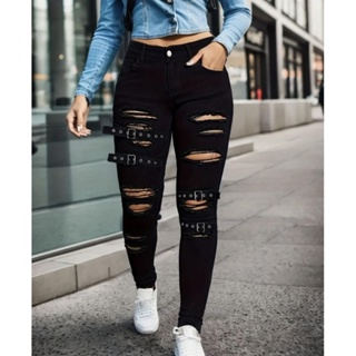 Ripped Grommet Buckle Detail Skinny Jeans, Solid Black High Strech  Eye-catching Denim Pants, Women's Denim Jeans & Clothing