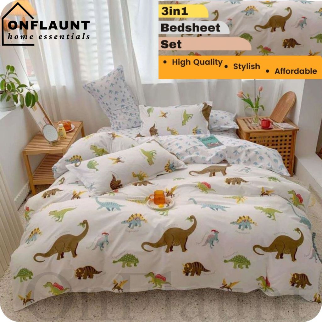 OnFlaunt 3in1 Dinosaur Graphic Design Premium Bedsheet Set With 1 Fitted Sheet And 2 Pillowcases