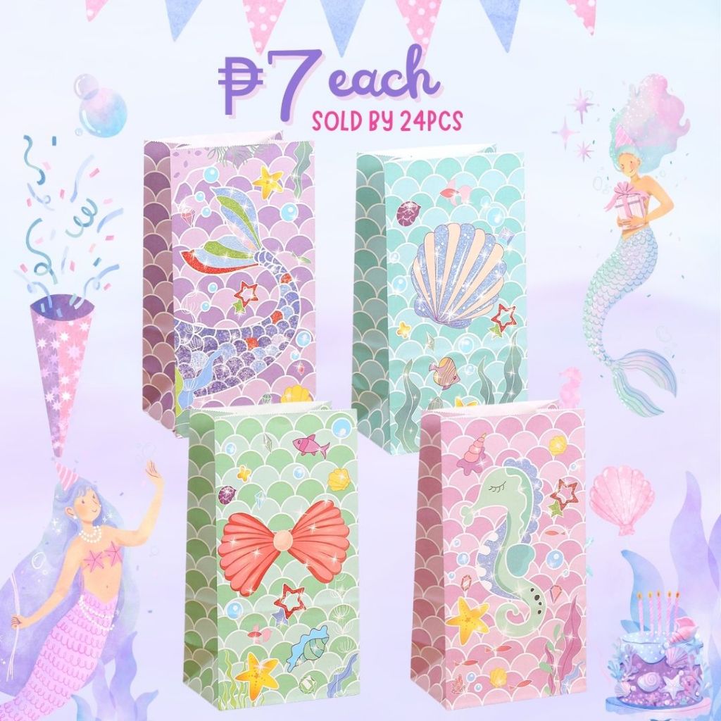 FP1836 (24 PCS) Mermaid Tail Party Gift Paper Bag Candy With Sticker ...