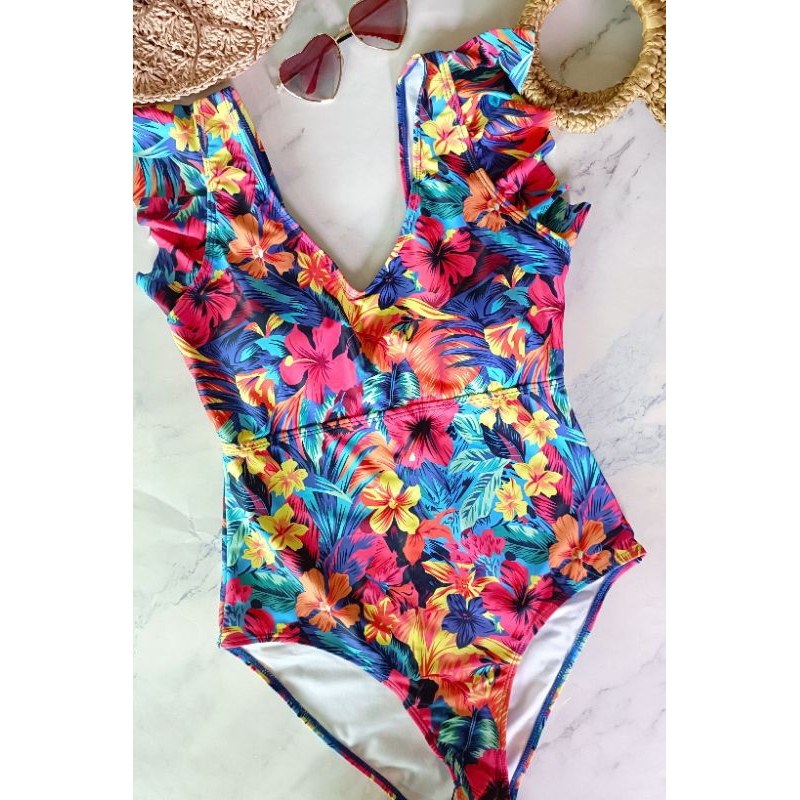 Plus Size 0XL One Piece Floral Print Raffle Swimsuit. | Shopee Philippines